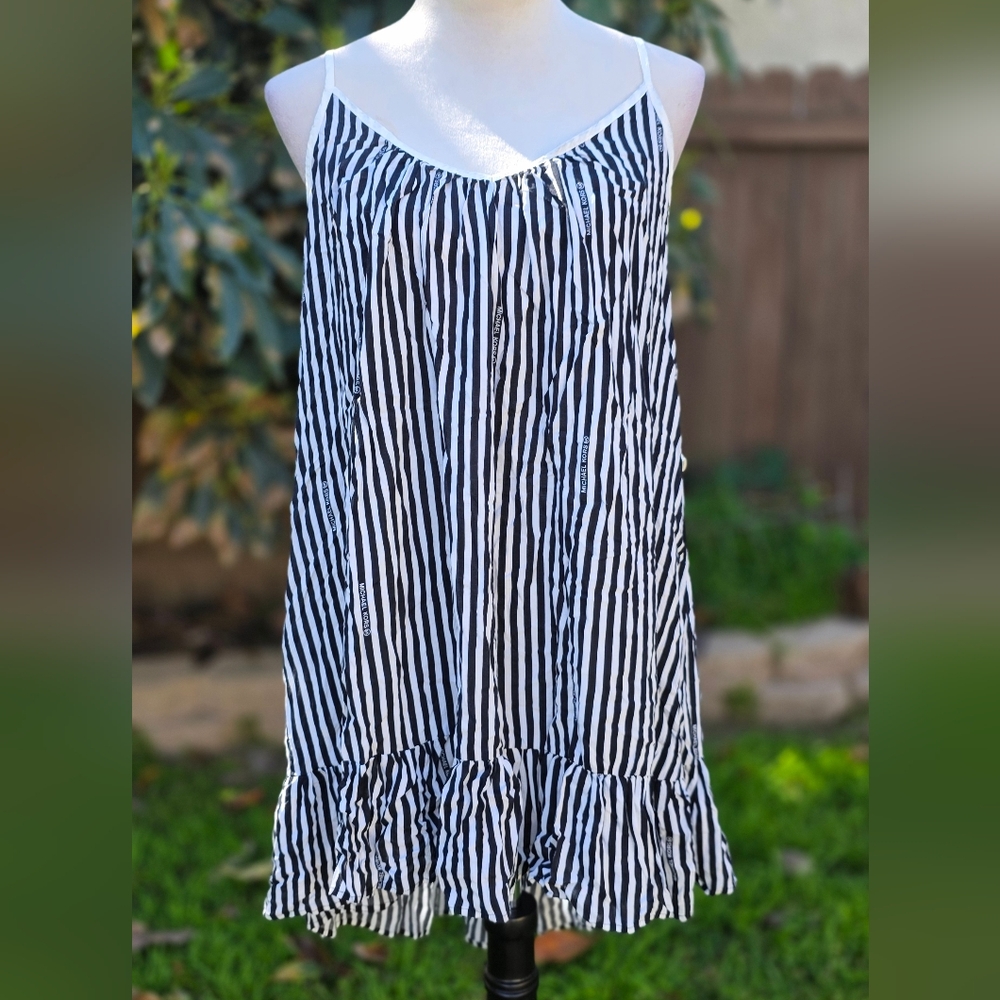 Michael Kors Black and White Striped High-Low Dress With Logo 100% Rayon